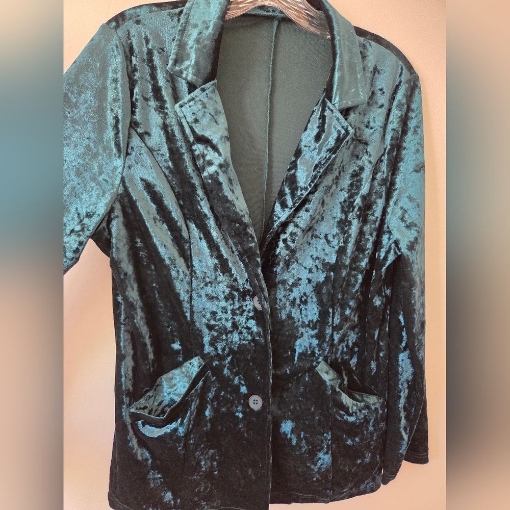 Emerald Green Velvet Blazer Jacket Jewel Tone Party Holiday Disco Christmas L - Picture 8 of 11
